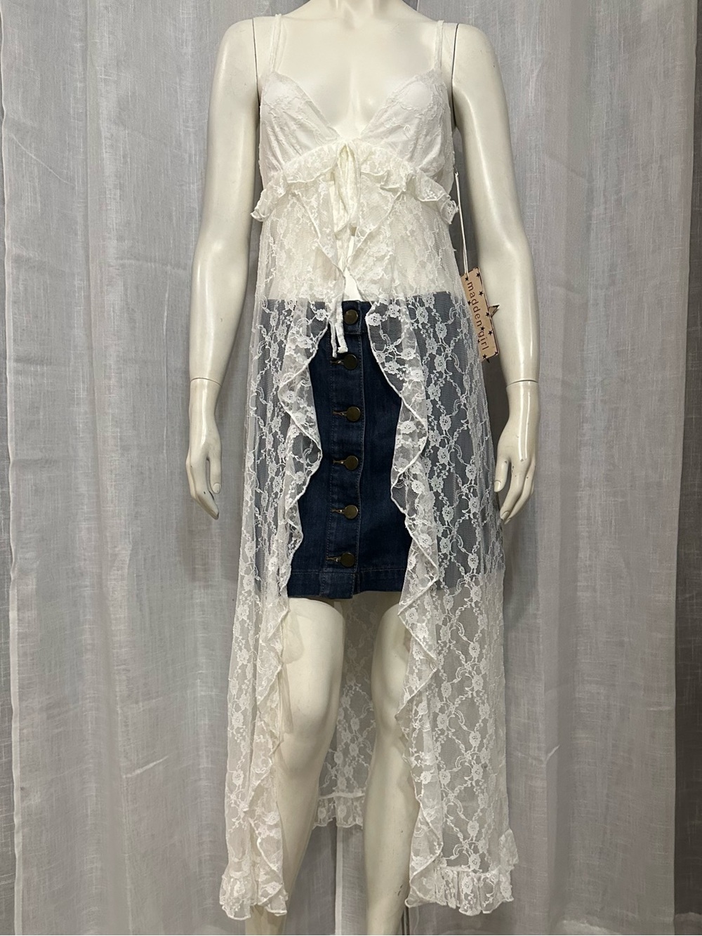 Madden Girl White Lace Ruffle Tie-Front Maxi Top Duster Small Boho Coquette